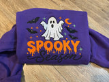 Spooky Season Embroidered Ghost Sweatshirt – Purple Cotton Crew Neck