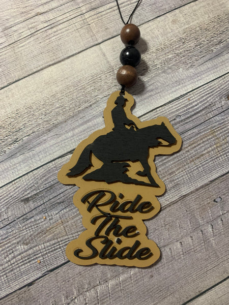 Wooden Reining Car Charm "Ride the Slide" with Wooden Beads