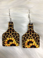 Leopard & Sunflower Cow Tag Earrings